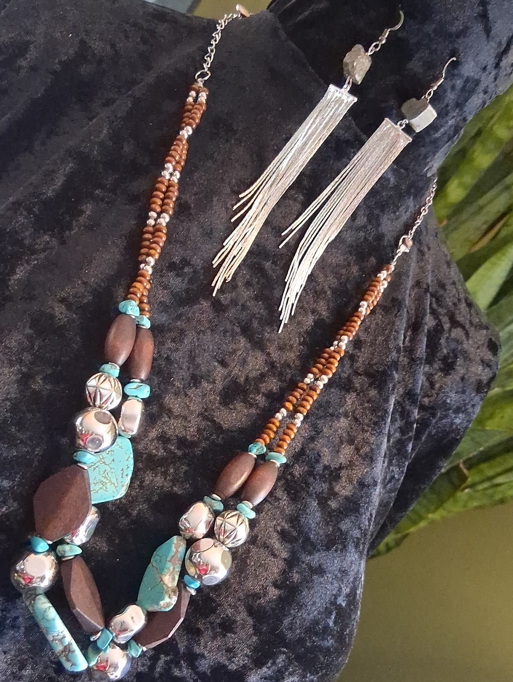 Novadab Designer Turquoise & Brown Beaded Statement Necklace with Silver Accents